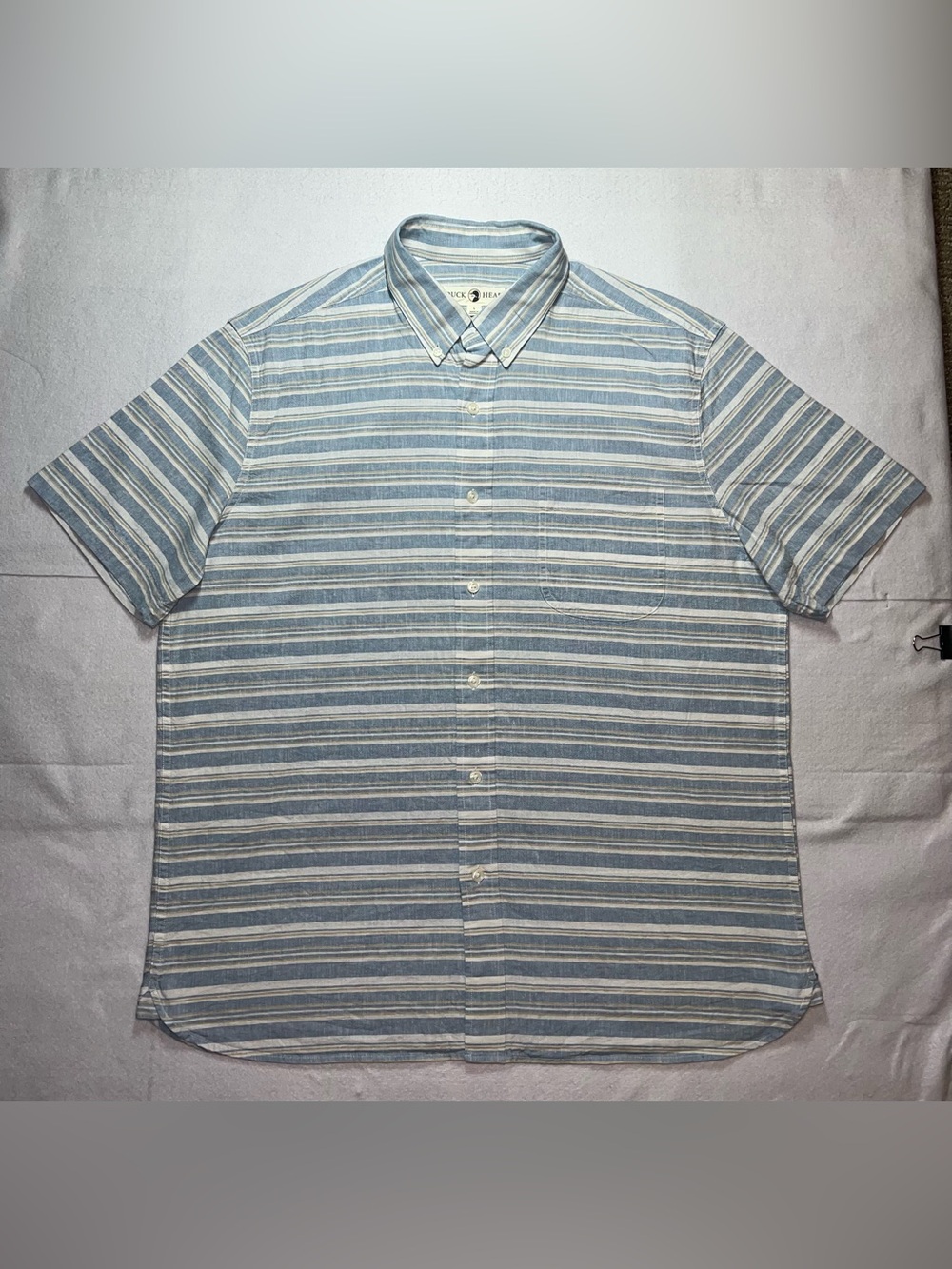 Duck Head Mens  Woodruff Stripe Linen Cotton Oxford Button Down Shirt, Blue, L